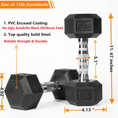 Hex Dumbbells Free Weights Solid Steel Hand Weights Dumbbells Set of 2 10Lbs 15Lb 20 Pound Pairs- PVC Encased 25Lbs 30Lbs Exercise & Fitness Dumbbell in Single with Chrome-Plated Knurled Handles