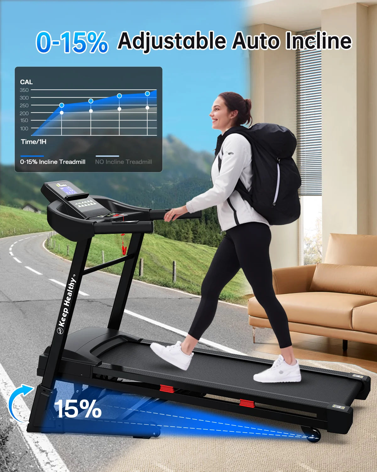 Treadmill with 15% Auto Incline for Home 400LBS Capacity - 3.5 HP Heavy Duty Treadmill Foldable with App/Bluetooth - 18 Inch Wide Belt, Folding Treadmill for Home Gym Walking Running Exercise